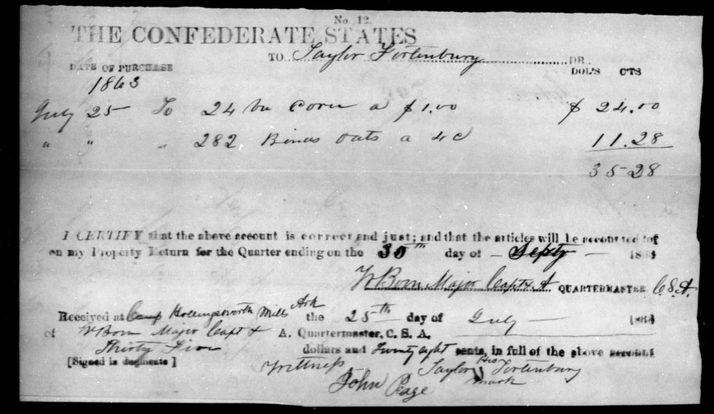 Receipt for goods taken from Taylor Fortenberry by the Union soldiers.