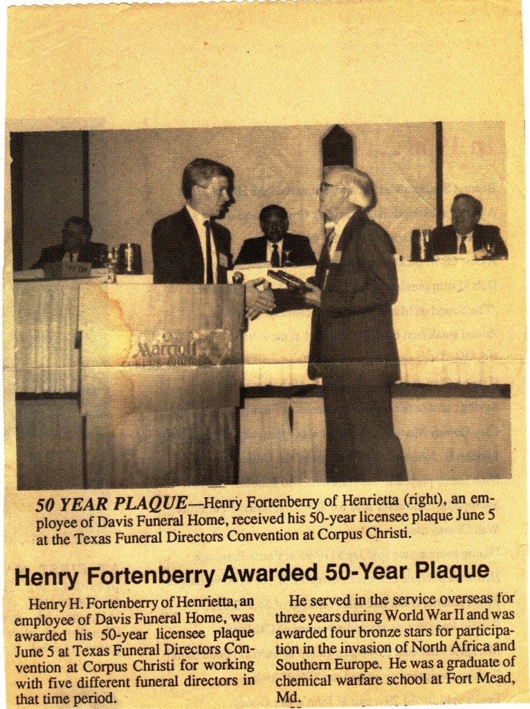 Henry receives 50 year service award at the Texas Funeral Directors Convention